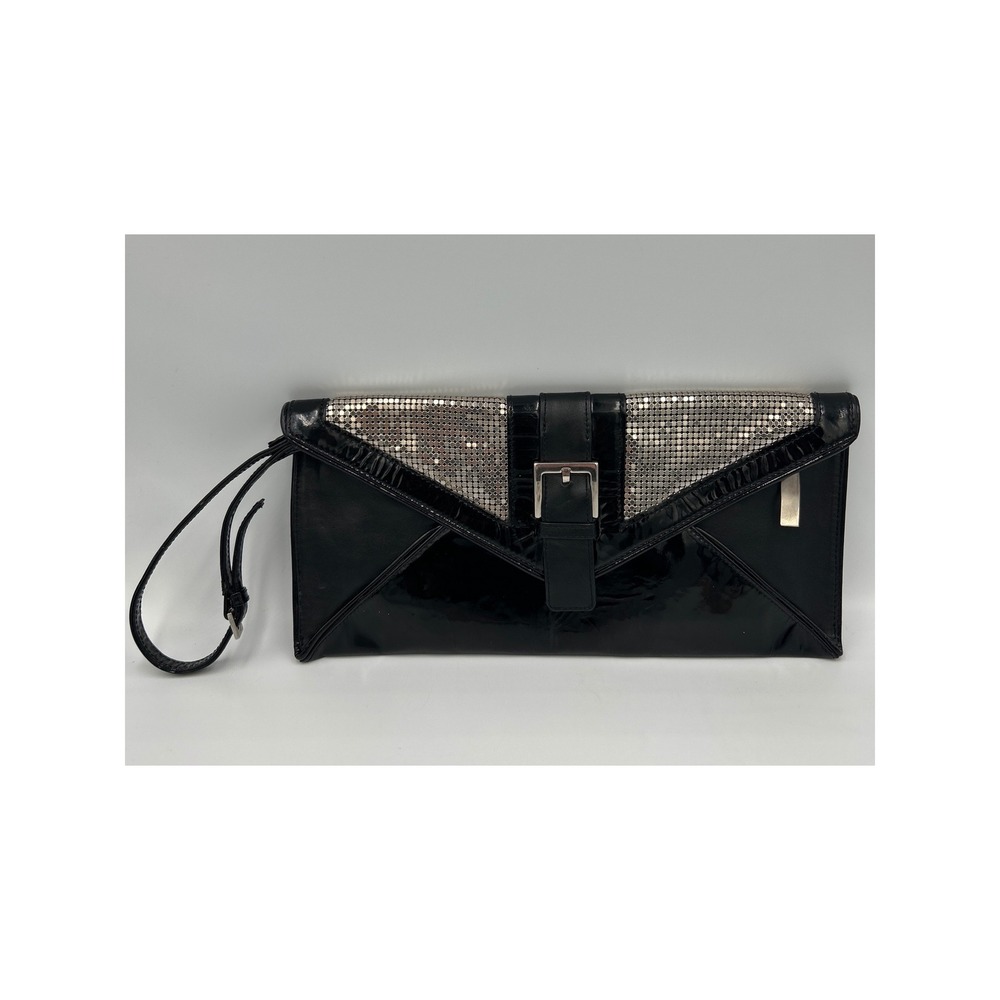 Giuseppe Zanotti Black Patent Leather Silver Mesh Envelope Clutch Wristlet Bag